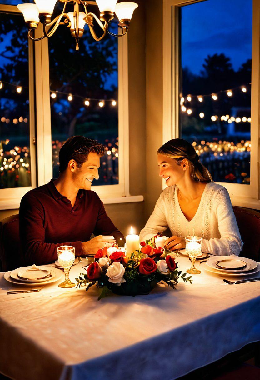 A cozy candle-lit dinner setup for two, with soft romantic lighting, hearts subtly glowing in the background, and an elegant table adorned with flowers and fine china. Include a couple sharing laughter, gazing into each other's eyes, representing deep emotional connection. The scene should evoke warmth and intimacy. super-realistic. vibrant colors. romantic ambiance.