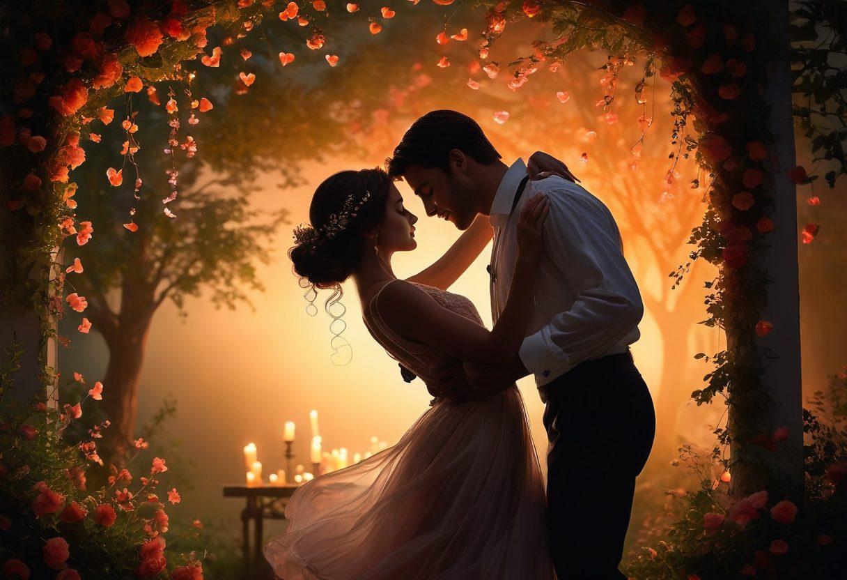 A graceful couple entwined in an intimate dance, surrounded by lush, romantic scenery, with soft-colored flowers and flickering candlelight illuminating their faces. The atmosphere exudes passion and mystery, with silhouettes of hearts subtly blended into the background. Emphasize the enchanting glow that highlights their connection and chemistry. vibrant colors. super-realistic. ethereal lighting.